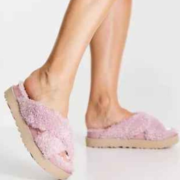 UGG Fuzz Sugar cross strap slide flatform sandals in shell - PINK NEW - Picture 2 of 6